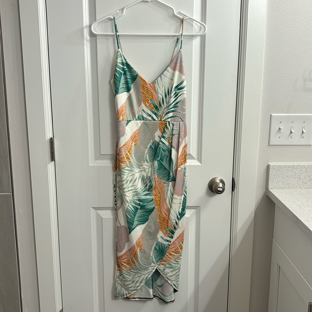 Purple Rain Tropical Leaf Print Maxi Dress in Teal, Mustard & Blush